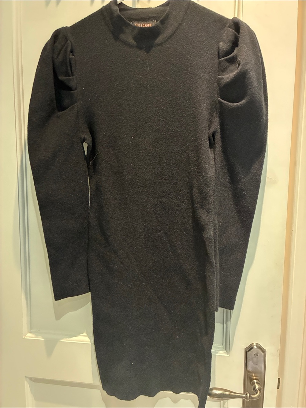QED London Black Puff Sleeve Mock Neck Knit Bodycon Mini Dress